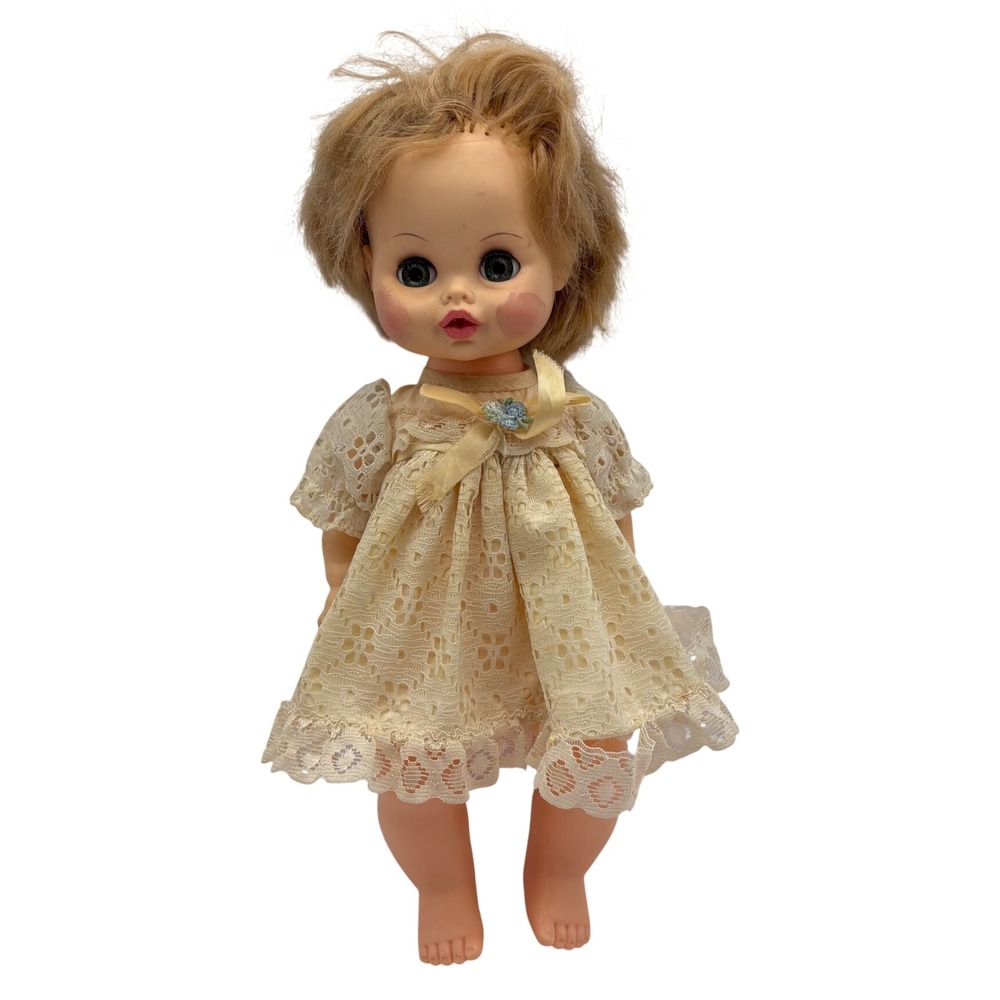 Vintage 1972 Horsman Baby Doll #26‎ Blonde Hair Sleepy Eyes Lace Dress 13"